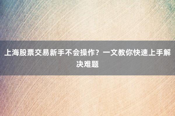 上海股票交易新手不会操作？一文教你快速上手解决难题